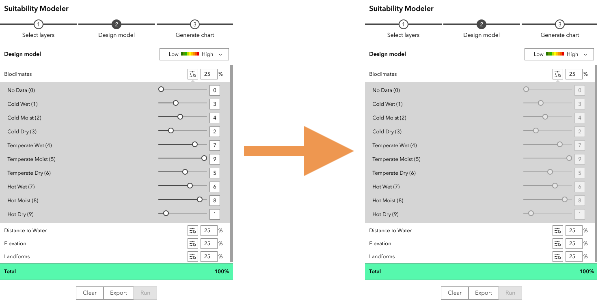 Nicht verfügbare Steuerelemente des Schiebereglers im Widget "Eignungsmodellierer" Nicht verfügbare Steuerelemente des Schiebereglers im Widget "Eignungsmodellierer"