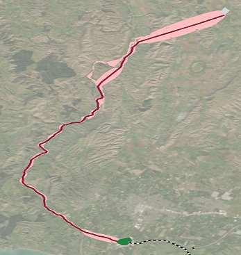 Zwei Positionen, verbunden durch ein Korridorgebiet und eine Linie der kostengünstigsten Route Zwei Positionen, verbunden durch ein Korridorgebiet und eine Linie der kostengünstigsten Route