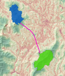 Karte der kostengünstigsten Route zwischen zwei Positionen, dargestellt über der Kostenoberfläche Karte der kostengünstigsten Route zwischen zwei Positionen, dargestellt über der Kostenoberfläche