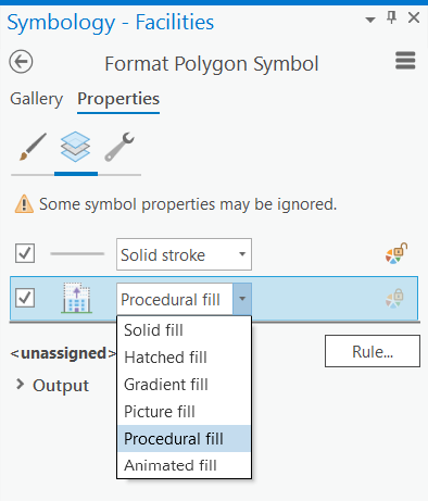 Einstellungen für Strich und Füllung auf der Registerkarte "Eigenschaften" im Bereich "Polygon-Symbol formatieren" Einstellungen für Strich und Füllung auf der Registerkarte "Eigenschaften" im Bereich "Polygon-Symbol formatieren"