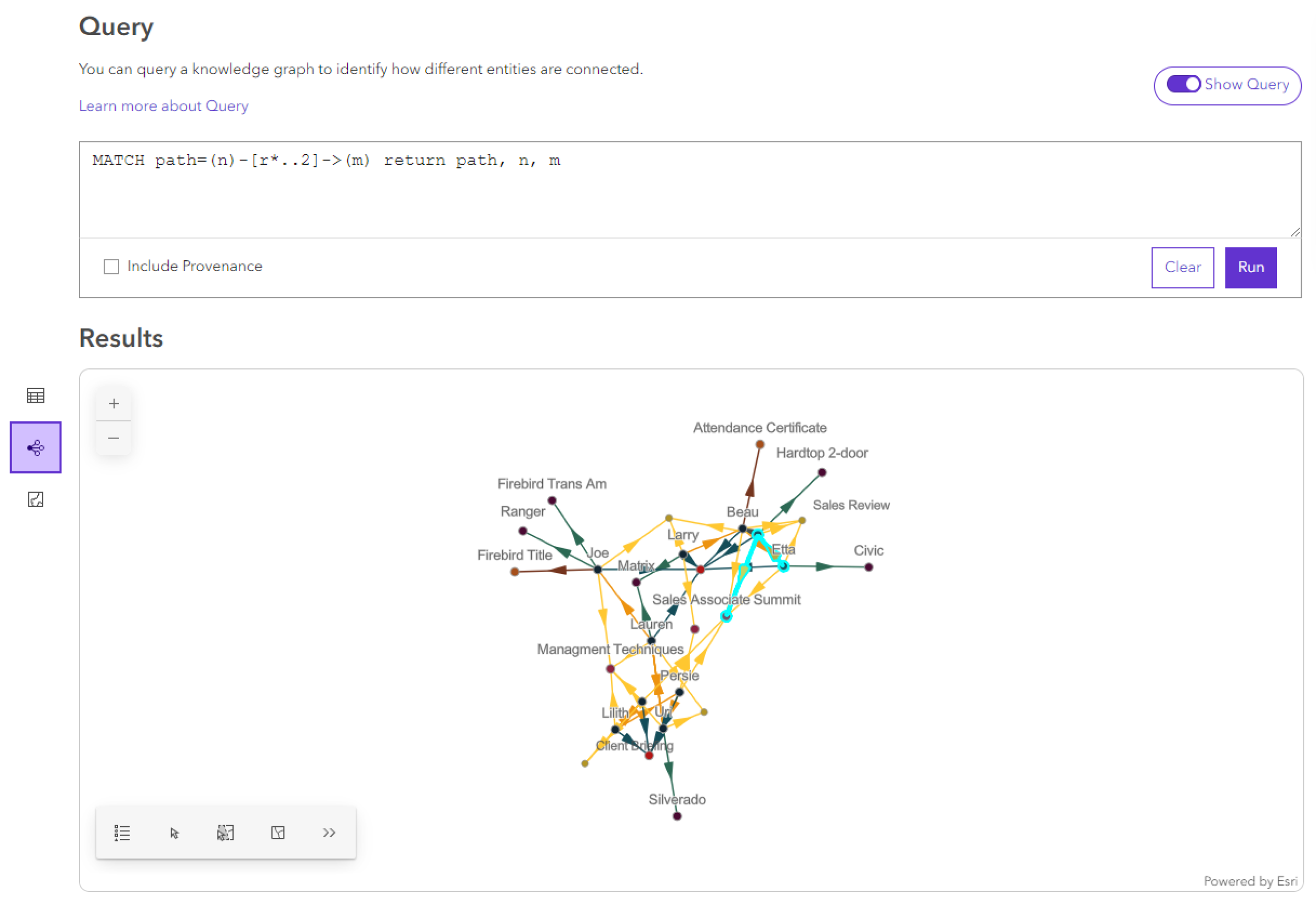 In der Verbindungsdiagramm-Vorschau der Abfrageergebnisse wird jede Auswahl, die Sie in der Tabellenansicht treffen, angezeigt. In der Verbindungsdiagramm-Vorschau der Abfrageergebnisse wird jede Auswahl, die Sie in der Tabellenansicht treffen, angezeigt.