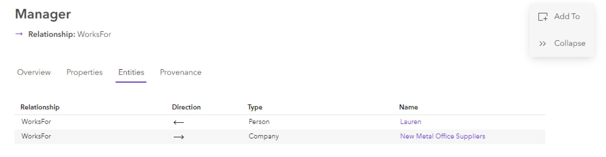 Inhalt einer ausgewählten Beziehung auf der Registerkarte "Entitäten" in der Wissensgraph-Ansicht Inhalt einer ausgewählten Beziehung auf der Registerkarte "Entitäten" in der Wissensgraph-Ansicht