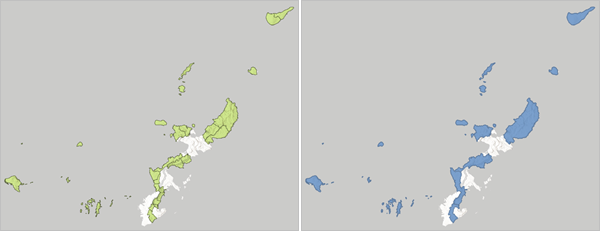 Zusammengeführte Grenzen für Gemeinden in Kyushu, Japan Zusammengeführte Grenzen für Gemeinden in Kyushu, Japan