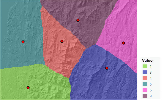 Entfernungsallokationskarte zur Identifizierung der preiswertesten Quelle für jede Zelle Entfernungsallokationskarte zur Identifizierung der preiswertesten Quelle für jede Zelle