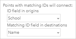 Screenshot der ID-Feld-Parameter im Dialogfeld des Werkzeugs mit ausgewähltem Feld "School" für die Startpunkte und "Name" für die Ziele Screenshot der ID-Feld-Parameter im Dialogfeld des Werkzeugs mit ausgewähltem Feld "School" für die Startpunkte und "Name" für die Ziele